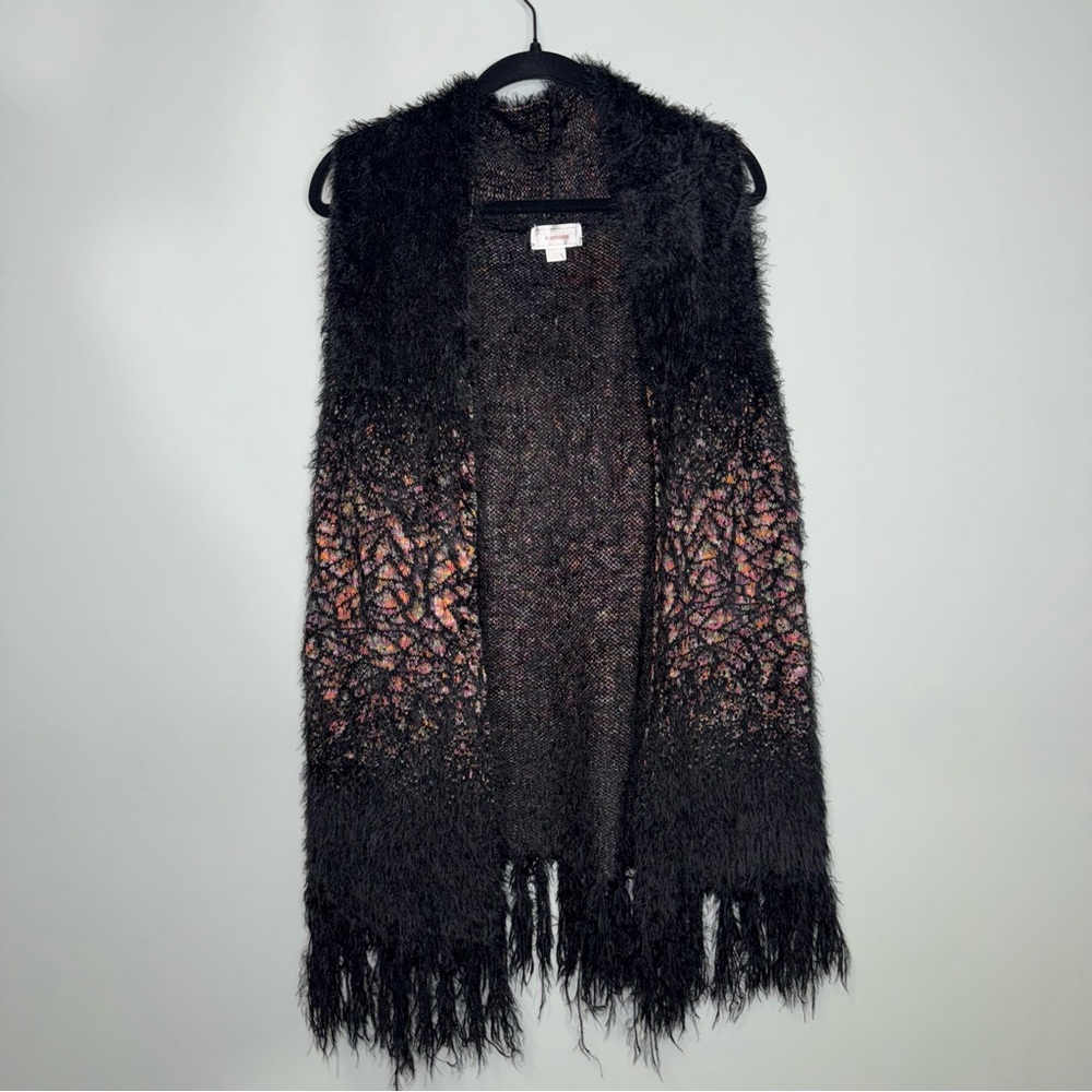 Kamana‎ Womens Longline Eyelash Knit Vest Black Multicolor Fringe Open Front L